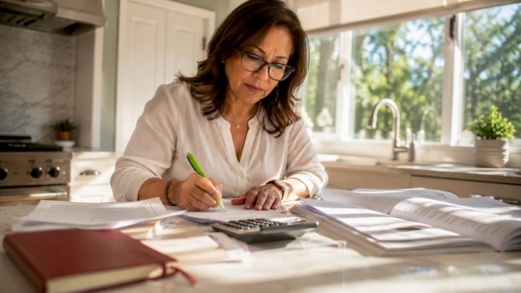 Woman reviewing retirement tax documents at home desk