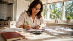Woman reviewing retirement tax documents at home desk