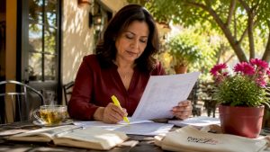 Small business owner reviewing payroll tax documents