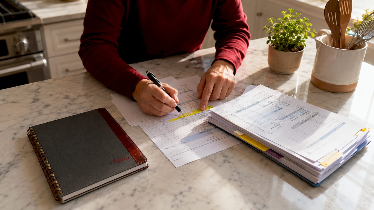 Hands calculating quarterly tax payments with documents