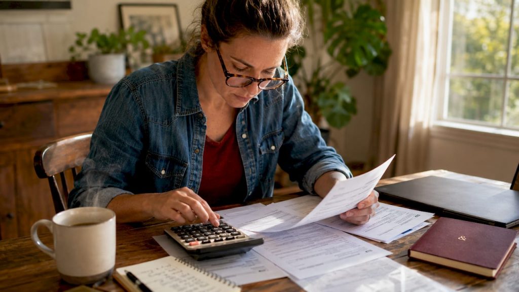 Small business owner calculating taxes at home table
