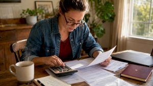 Small business owner calculating taxes at home table