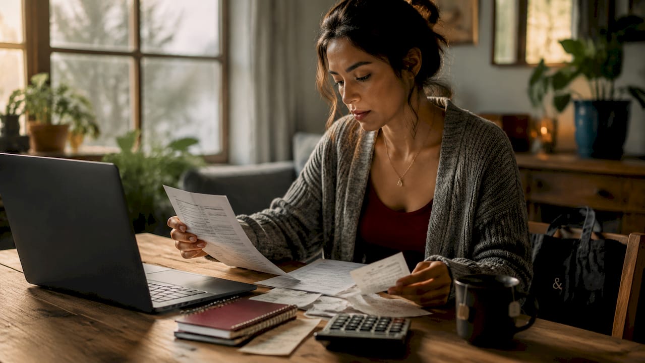 Close-up hands organizing business tax forms
