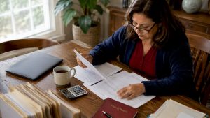 Woman reviewing tax documents at home office desk