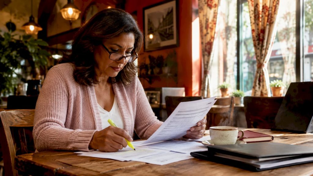 Woman reviewing tax deduction documents at desk