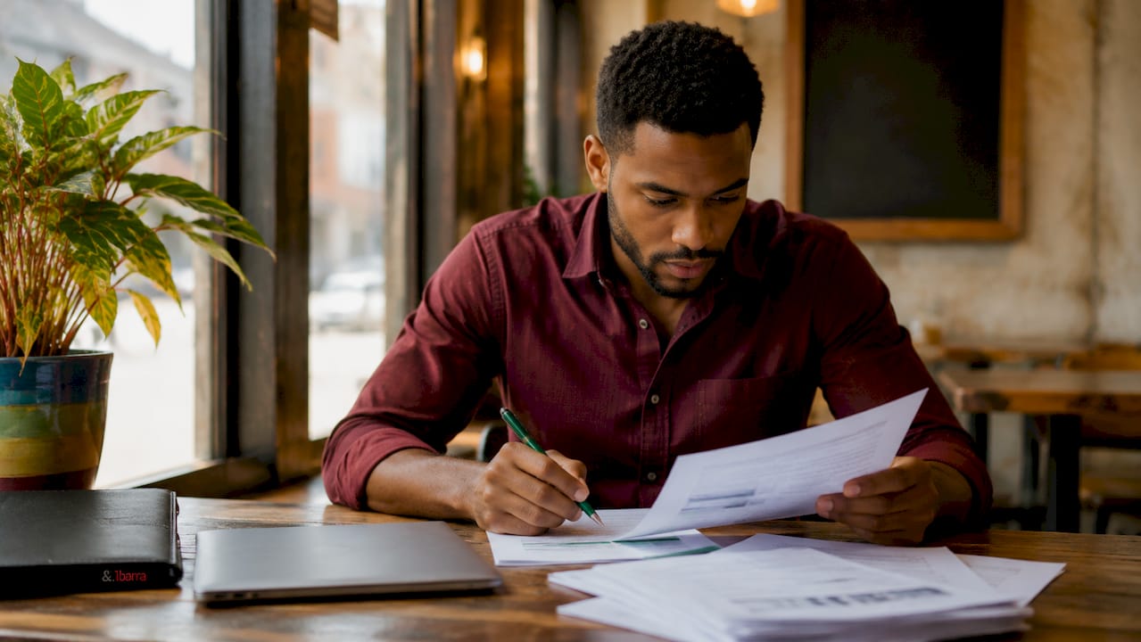 Man reviewing tax forms in co-working space