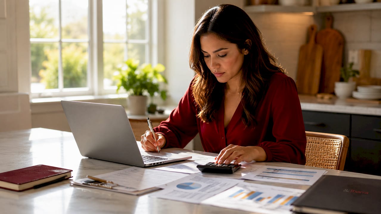 Close-up of hands calculating business income on laptop