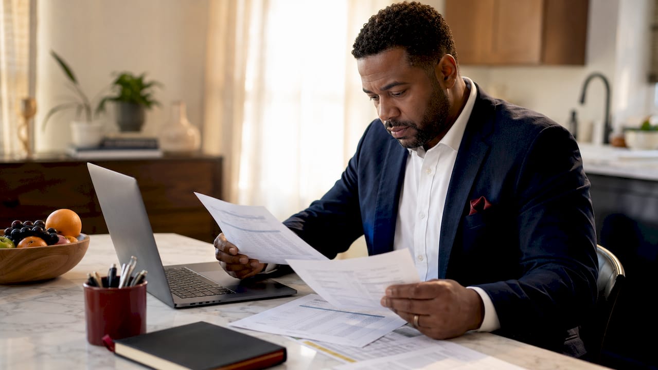 Small business owner sorting tax records overhead view