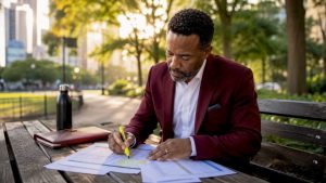 CFO reviewing financial spreadsheets in office