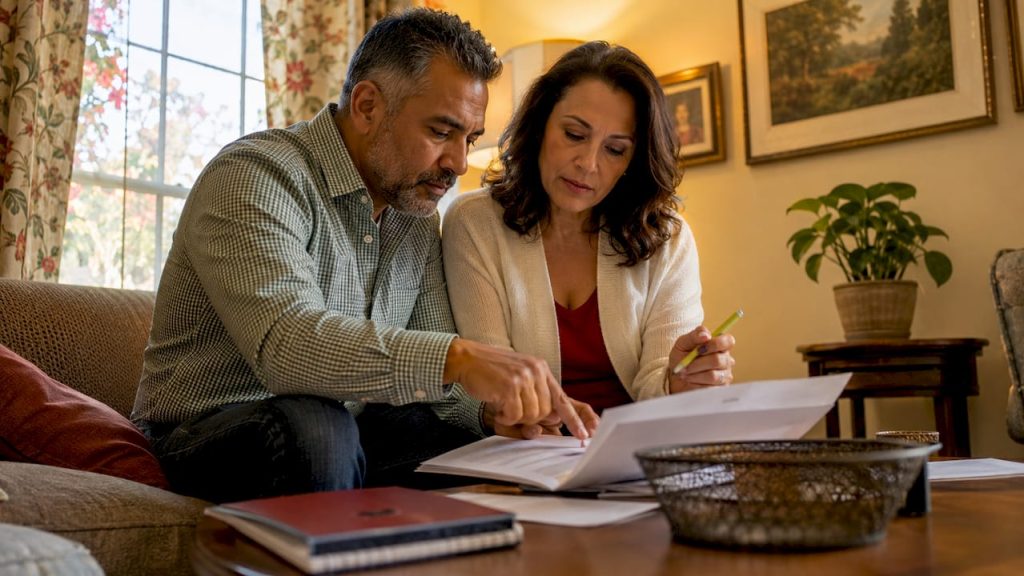 Couple reviewing estate planning documents at home
