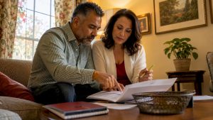 Couple reviewing estate planning documents at home