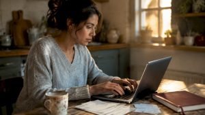 Small business owner working on bookkeeping at desk
