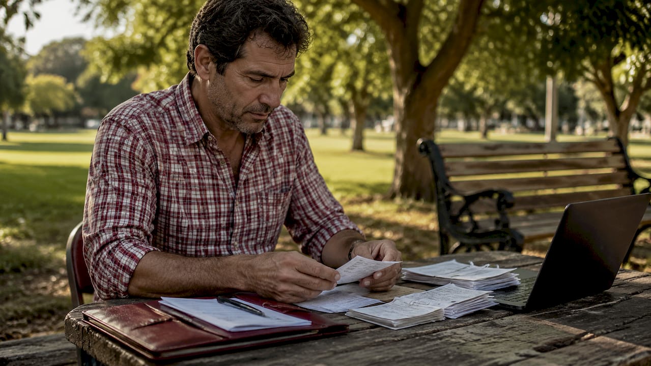 Hands sorting receipts and invoices on café table