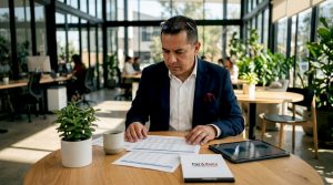 Businessman reviewing investment documents at desk