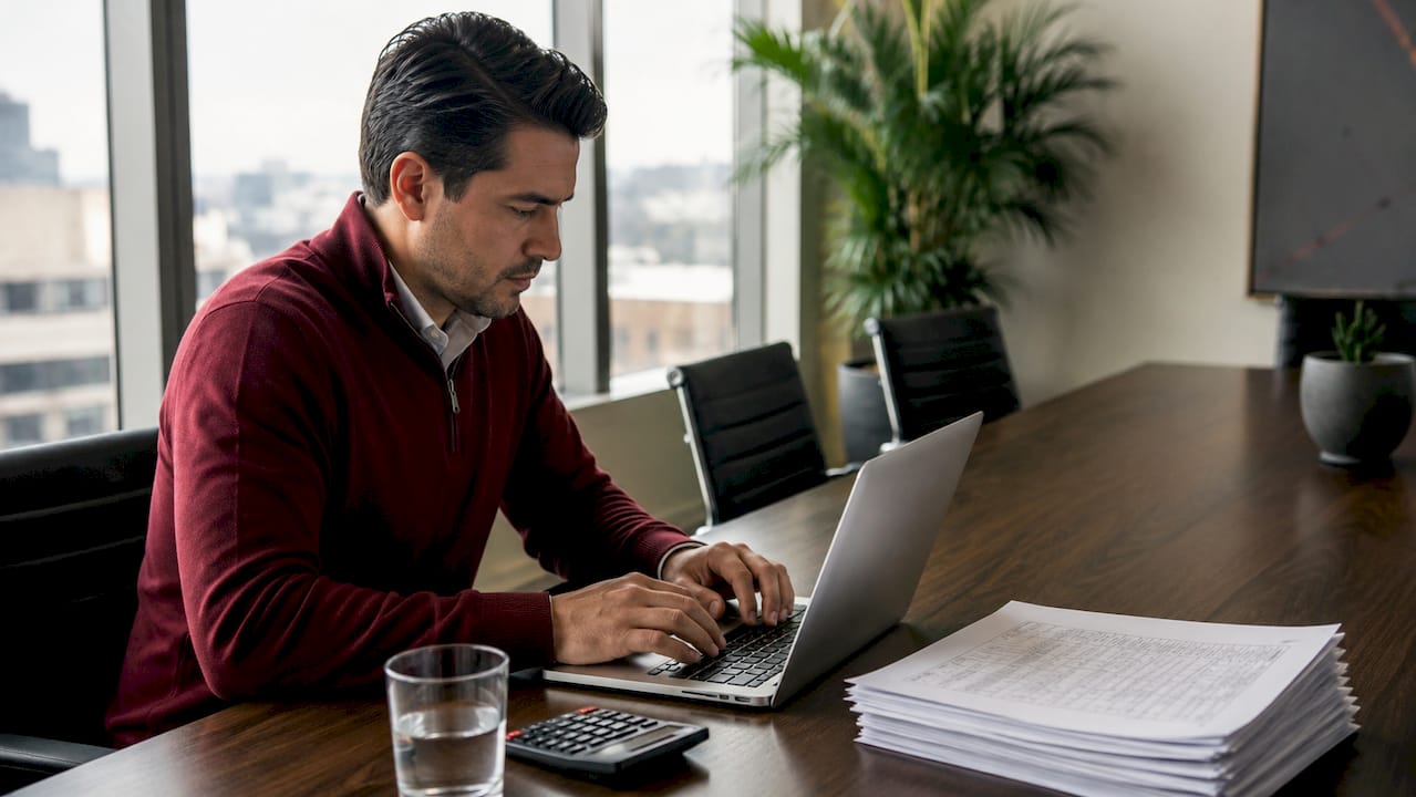 Hands typing on keyboard next to accounting sheets