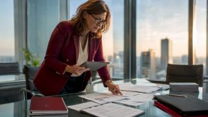Financial controller reviewing printed reports at desk