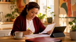 Business owner reviewing tax paperwork at desk