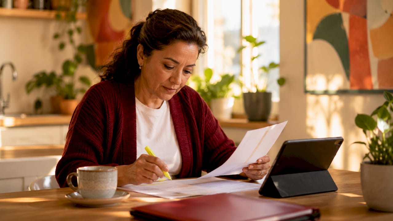 Business owner reviewing tax paperwork at desk