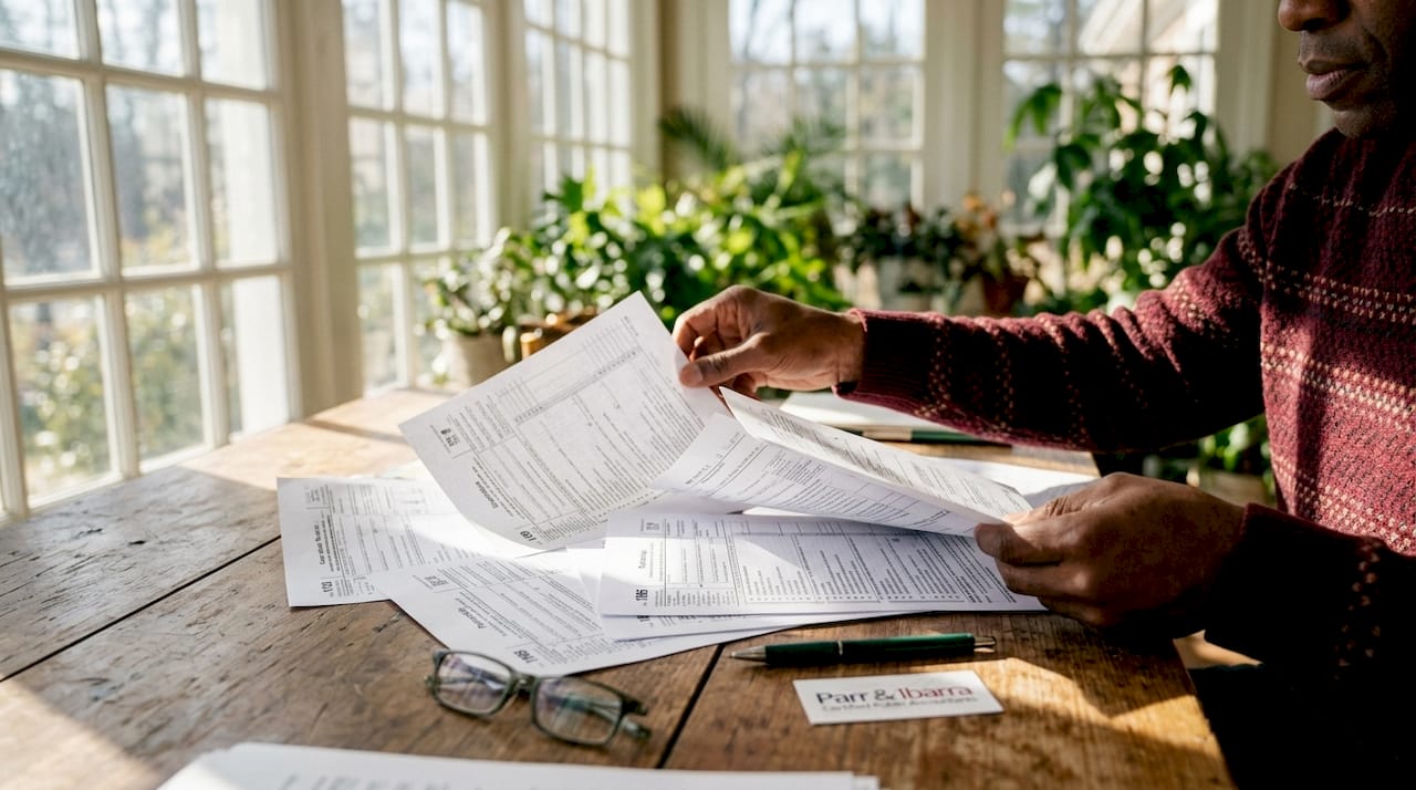 Hands sorting business tax classification forms overhead