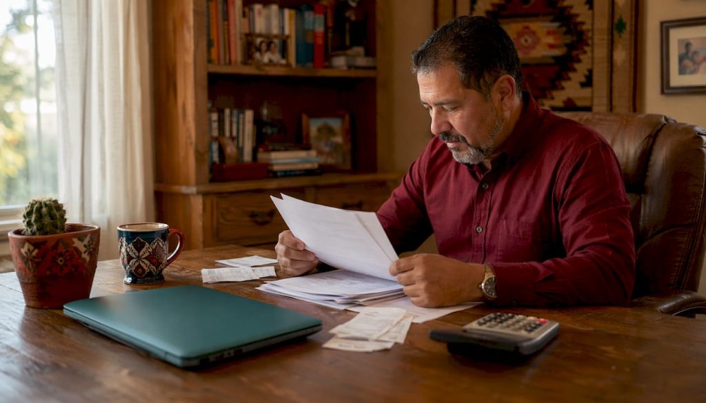 Texas business owner reviewing tax documents at desk