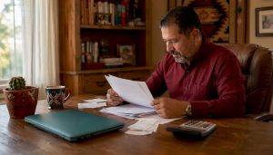 Texas business owner reviewing tax documents at desk