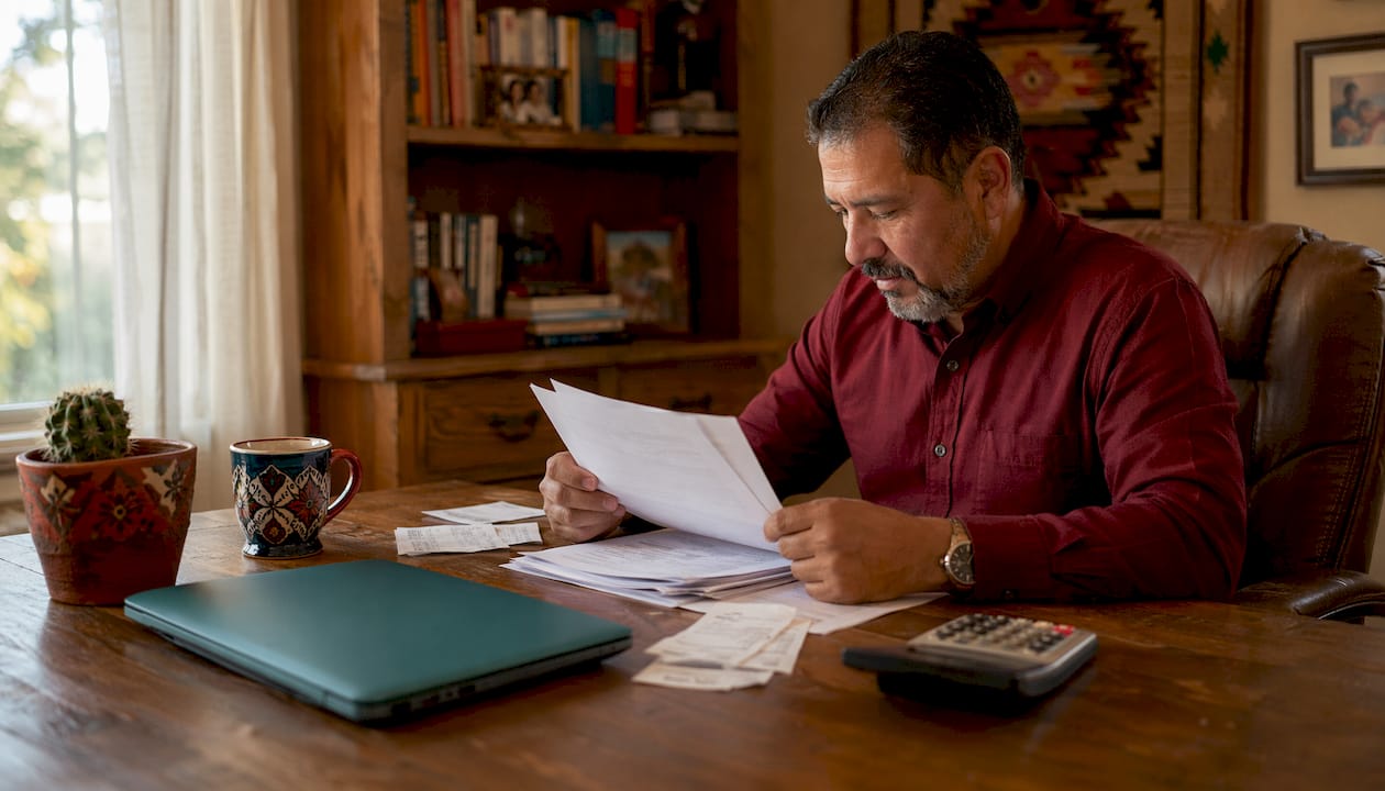 Texas business owner reviewing tax documents at desk