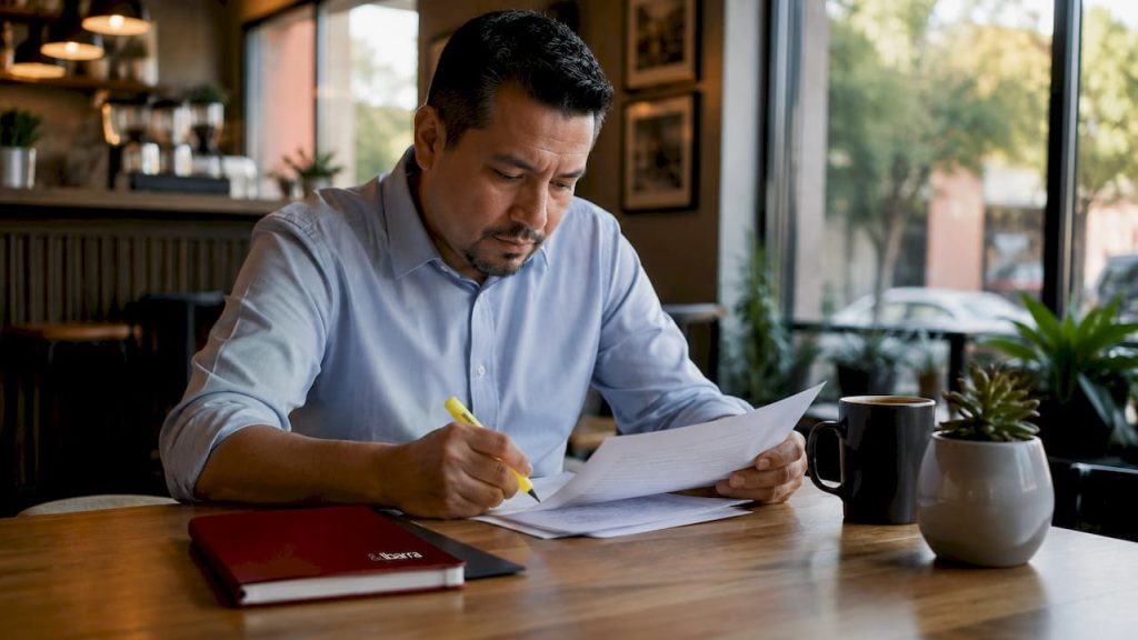 Spanish-speaking CPA reviewing tax documents at desk