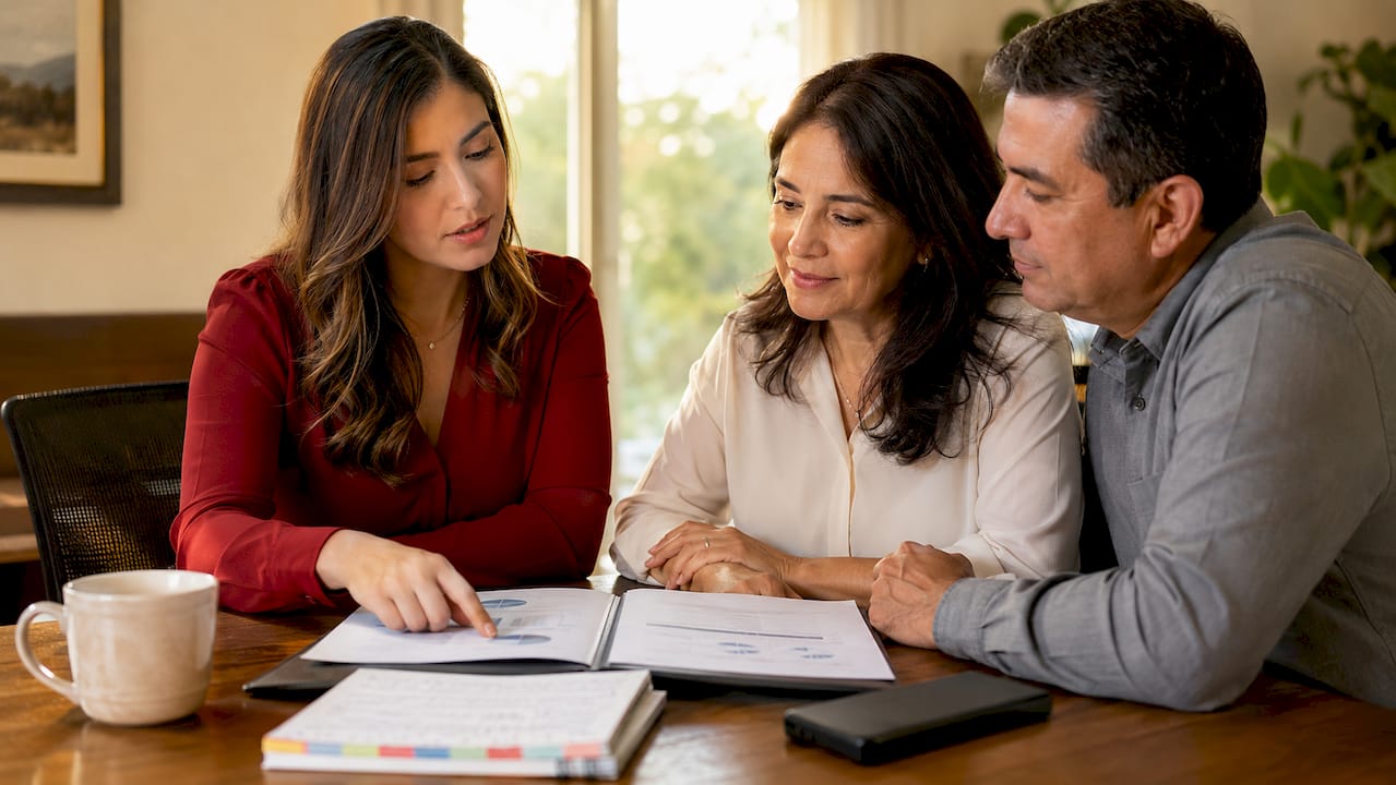 Bilingual CPA consulting Hispanic couple in conference room