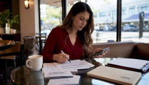 Small business owner reviewing payroll paperwork