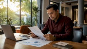 CPA reviewing tax documents at desk in office