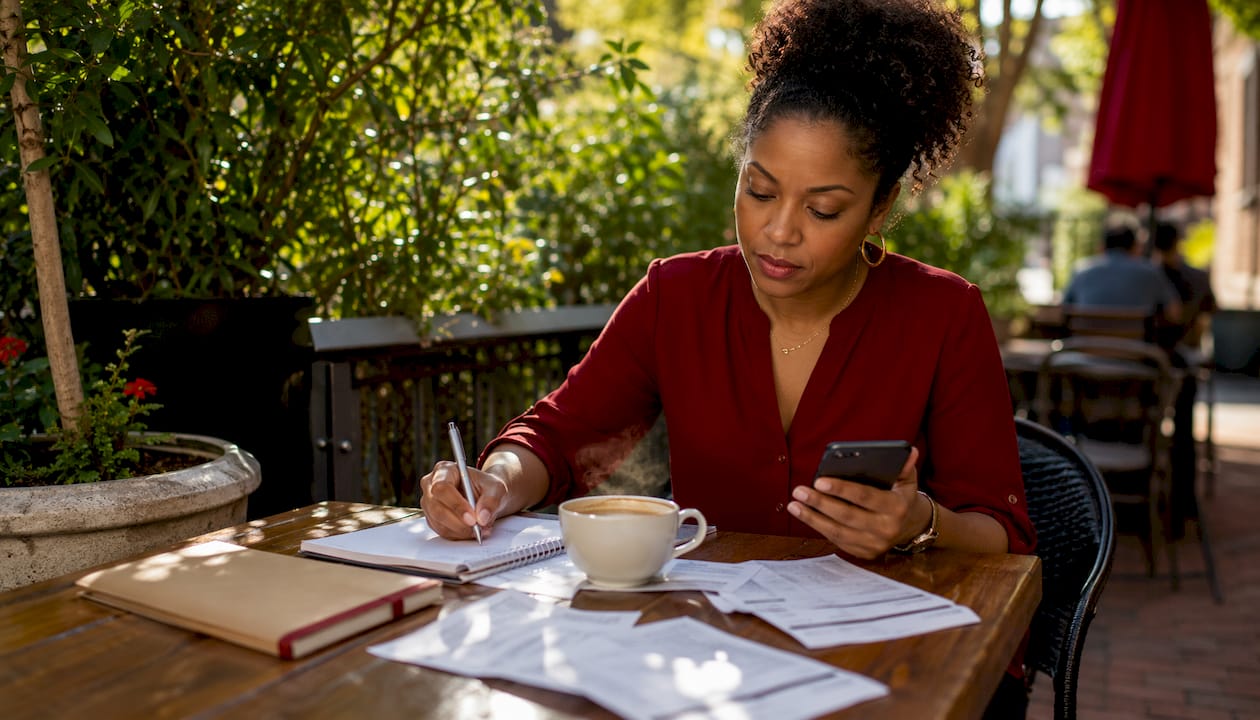 Small business owner working on tax planning in café