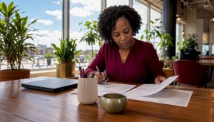 Woman doing bookkeeping in Grapevine office