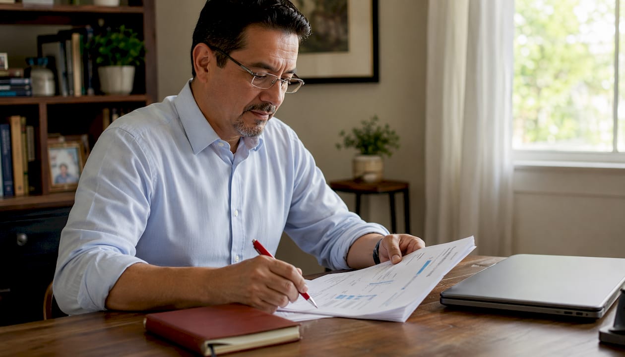 CPA reviewing printed financial reports at desk
