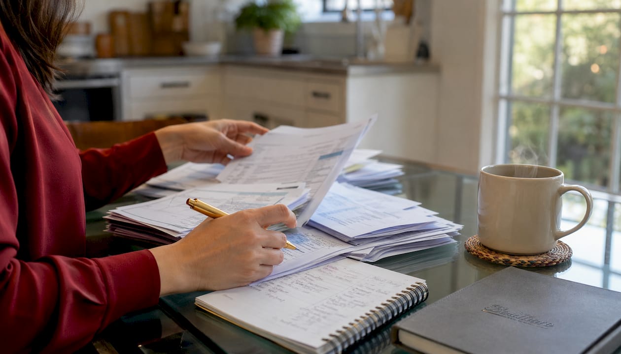 Hands reviewing invoices and statements for catch-up bookkeeping