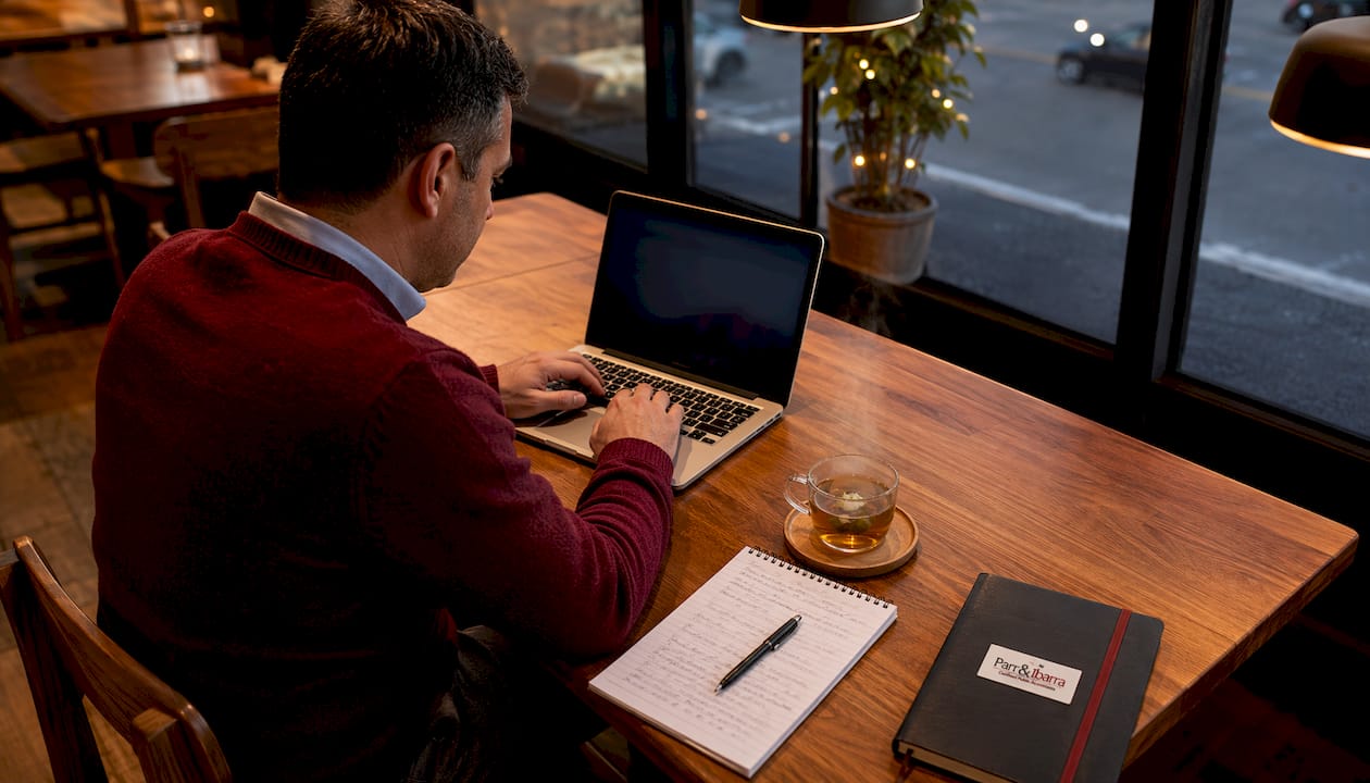 Hands typing on laptop in home office