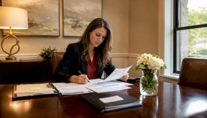 CPA reviewing bookkeeping documents in Keller office