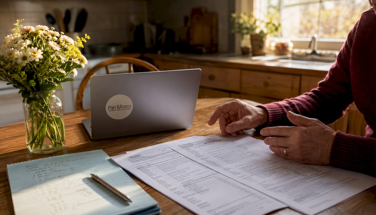 Hands highlighting IRS paperwork on desk