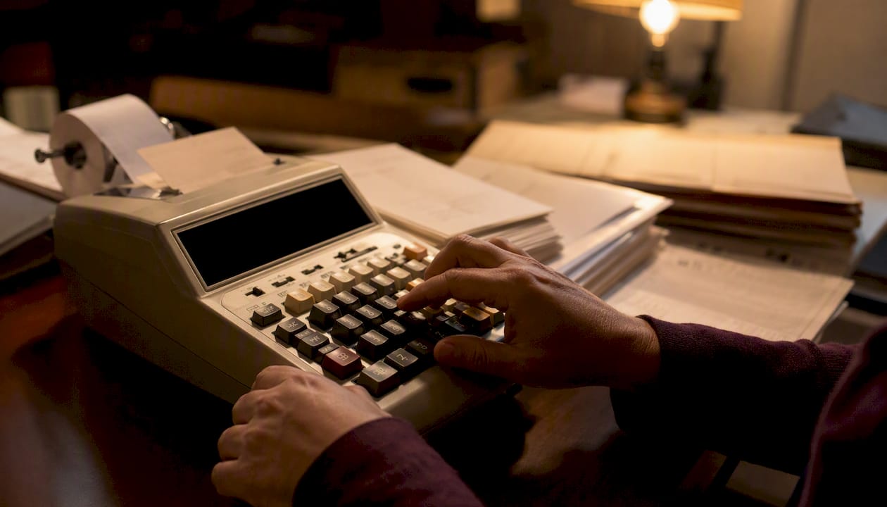 Hands operating a payroll calculator