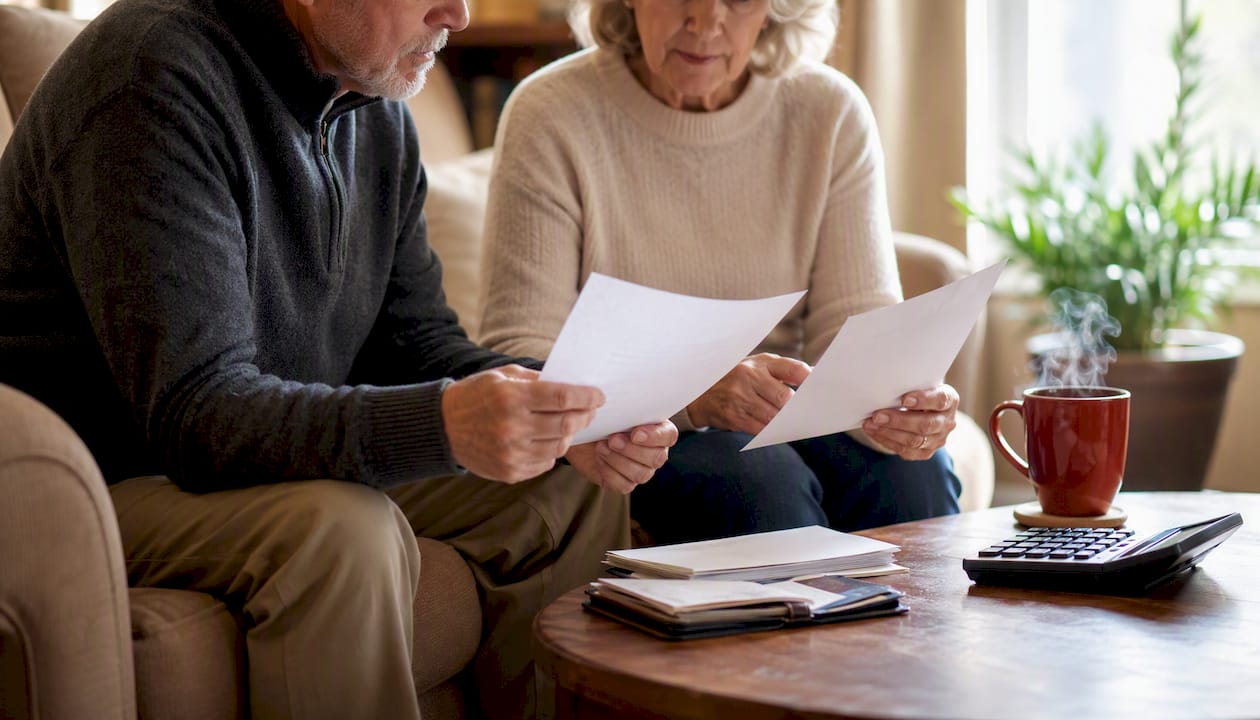 Retired couple managing monthly finances