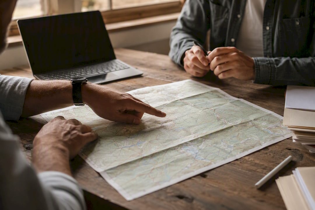 Hands pointing at map tracking employee locations