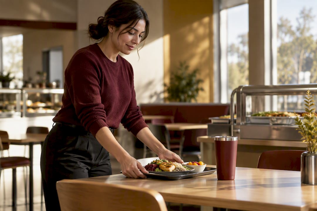 Employee meal tray in workplace cafeteria