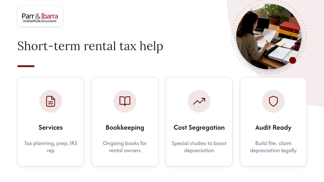 How to get help: Parr & Ibarra CPA's short-term rental tax services — overview diagram